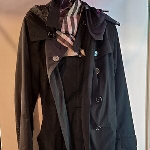 Burberry Black Trench Coat with Red Plaid